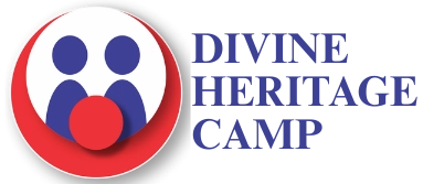 Logo with two blue figures inside a red and white circle, resembling an adult and child. To the right, the text reads DIVINE HERITAGE CAMP in blue capital letters.